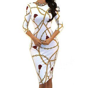 Got Style Alice Gold White Tassel 3/4 Sleeve Bodycon Party Cocktail Dress